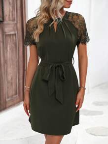 SHEIN LUNE Contrast Lace Keyhole Neckline Belted Dress