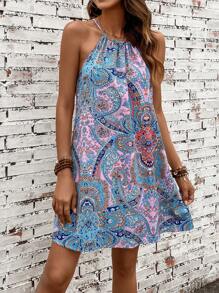 SHEIN VCAY 佩斯利印花後綁帶掛脖洋裝 - 彩色 - 查看 2