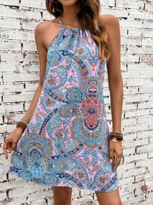 SHEIN VCAY 佩斯利印花後綁帶掛脖洋裝 - 彩色 - 查看 1