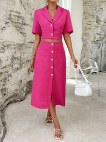 SHEIN Privé 西裝領短版西裝和前紐扣半身裙 - 玫紅色 - 查看 4