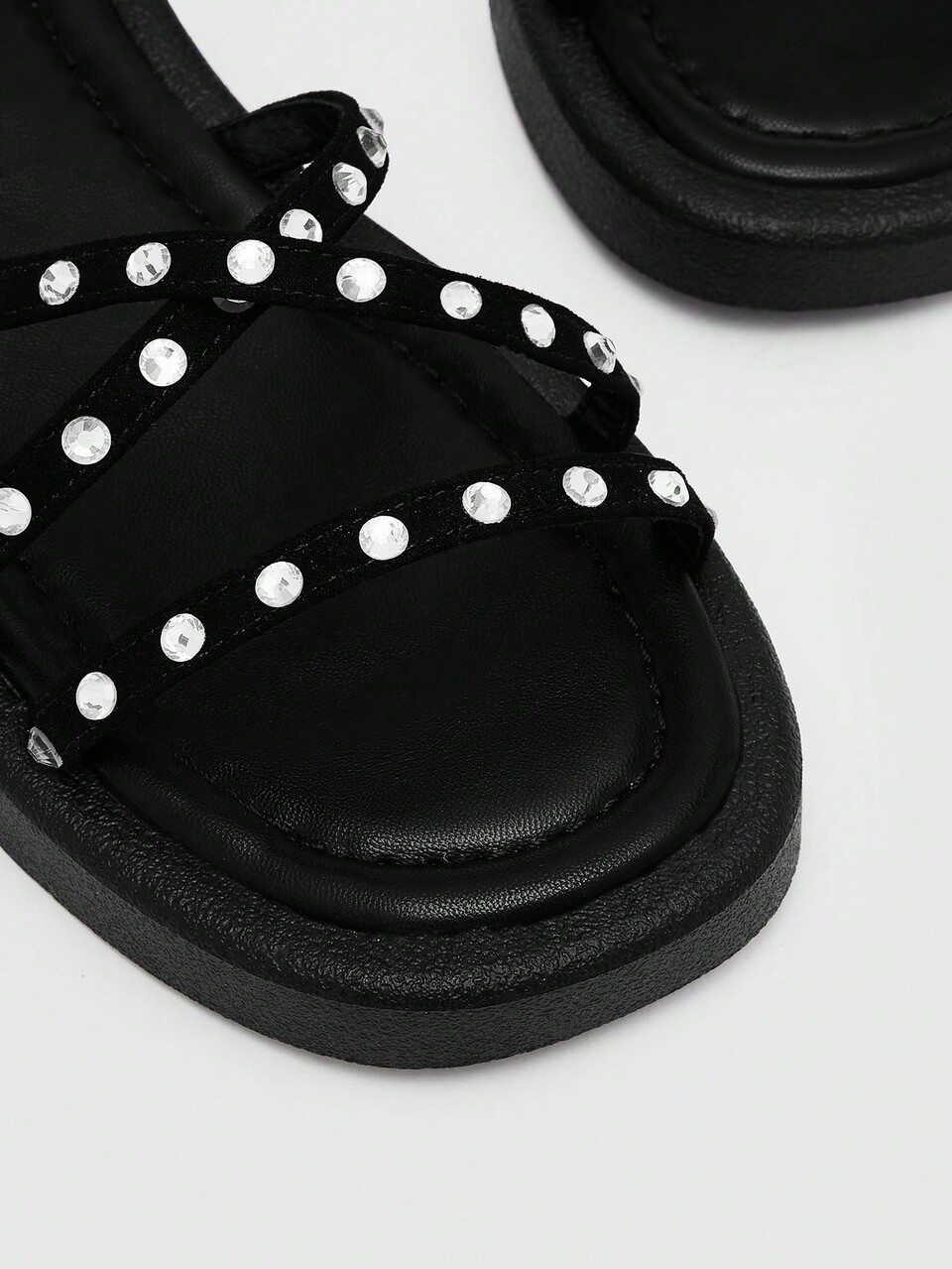 Woman Shoes Fashion Rhinestone Decor Ankle Strap Fashion Faux Suede Black Flat Sandals For Summer Vacation Shoes Summer