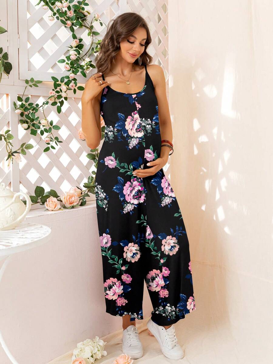 DEARCASE Maternity Floral Print Cami Jumpsuit - Black - View 1