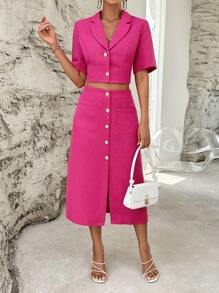 SHEIN Privé 西裝領短版西裝和前紐扣半身裙 - 玫紅色 - 查看 3