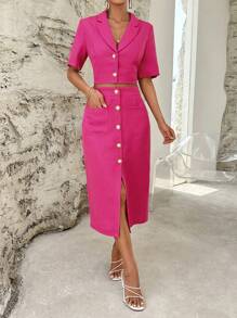 SHEIN Privé 西裝領短版西裝和前紐扣半身裙 - 玫紅色 - 查看 1