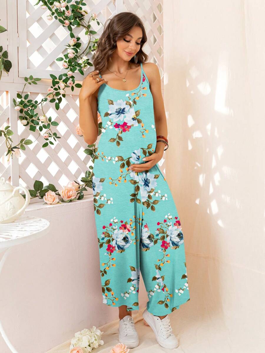 DEARCASE Bộ đồ liền thân ống rộng in họa tiết hoa cho bà bầu - Màu xanh Bạc hà - Xem 1