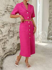 SHEIN Privé 西裝領短版西裝和前紐扣半身裙 - 玫紅色 - 查看 5