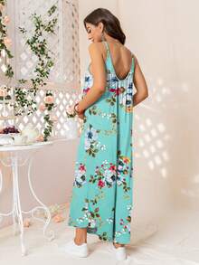 DEARCASE Bộ đồ liền thân ống rộng in họa tiết hoa cho bà bầu - Màu xanh Bạc hà - Xem 2