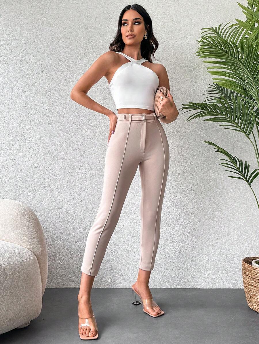 RueChic Seam Detail Cropped Skinny Trousers - Apricot - View 1
