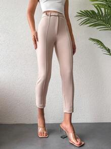 RueChic Seam Detail Cropped Skinny Trousers - Apricot - View 3