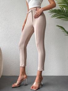 RueChic Seam Detail Cropped Skinny Trousers - Apricot - View 4