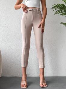 RueChic Seam Detail Cropped Skinny Trousers - Apricot - View 5