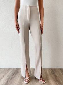 EURMUSE High Waist Split Hem Trousers - Apricot - View 1