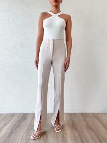 EURMUSE High Waist Split Hem Trousers - Apricot - View 2