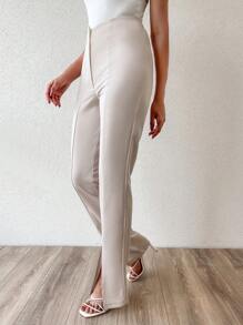 EURMUSE High Waist Split Hem Trousers - Apricot - View 5