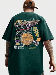 ROMWE MEN Prep 男士篮球与字母图案 T 恤，学校 - 墨綠色 - 查看 1