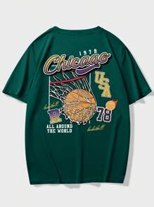 ROMWE MEN Prep 男士篮球与字母图案 T 恤，学校 - 墨綠色 - 查看 3