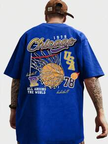 ROMWE MEN Prep Áo thun nam bóng rổ & chữ cái, trường học - Xanh đậm - Xem 1