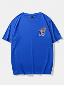 ROMWE MEN Prep Áo thun nam bóng rổ & chữ cái, trường học - Xanh đậm - Xem 2