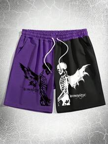 ROMWE MEN Goth 男士雙色骷髏和字母圖案腰部抽繩短褲 - 彩色 - 查看 1