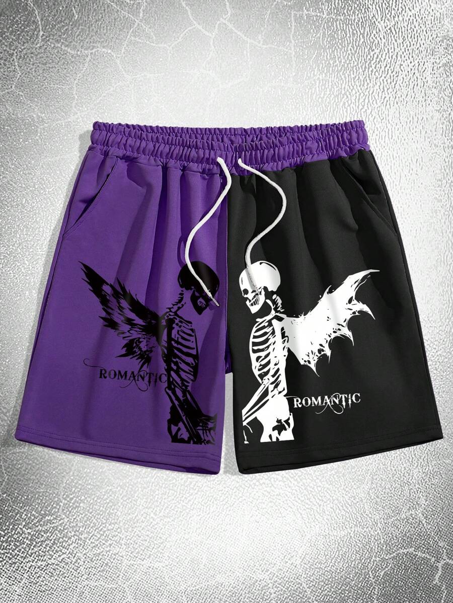 ROMWE MEN Goth 男士雙色骷髏和字母圖案腰部抽繩短褲 - 彩色 - 查看 1