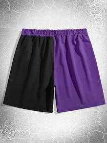 ROMWE MEN Goth 男士雙色骷髏和字母圖案腰部抽繩短褲 - 彩色 - 查看 2