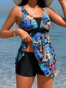 Swim Lushoire Summer Beach Tropical Print Tankini - Black - View 1