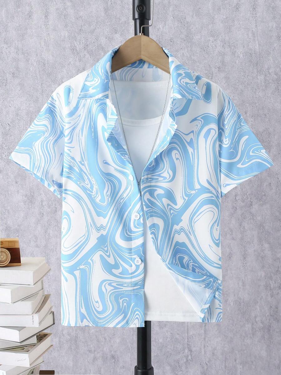 SHEIN Boys Marble Print Shirt Without Tee - Baby Blue - View 1