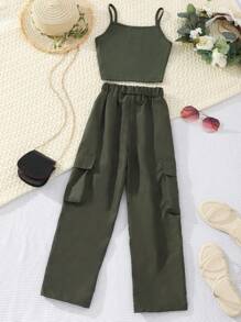 SHEIN 女大童字母補丁細節吊帶上衣和翻蓋口袋工裝褲 - 軍綠色 - 查看 2
