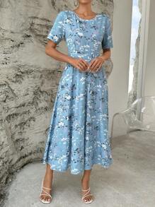 SHEIN Clasi Floral Print A-line Dress - Blue - View 5