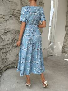 SHEIN Clasi Floral Print A-line Dress - Blue - View 6
