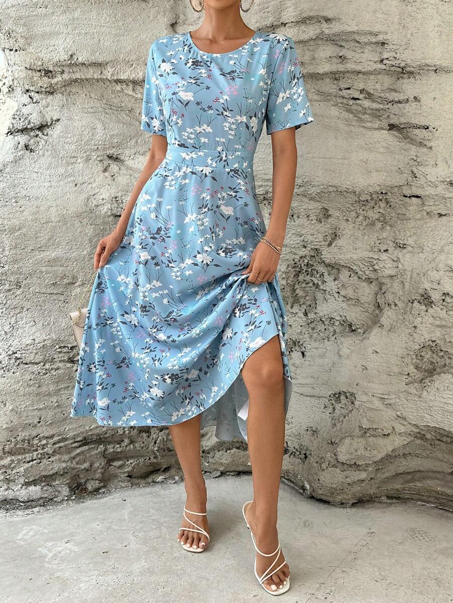 SHEIN Clasi Floral Print A-line Dress - Blue - View 1