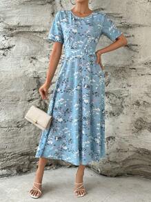 SHEIN Clasi Floral Print A-line Dress - Blue - View 2