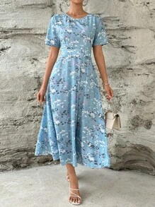 SHEIN Clasi Floral Print A-line Dress - Blue - View 3