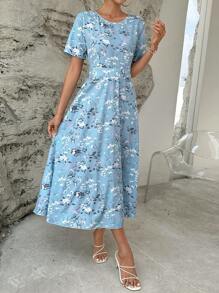 SHEIN Clasi Floral Print A-line Dress - Blue - View 4