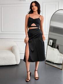 RueChic High Waist Split Thigh Skirt - Black - View 4