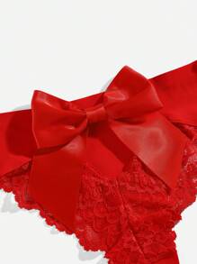SHEIN Floral Lace Bow Back Panty Lingerie Bow Tie - Red - View 7