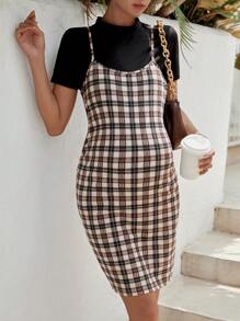 SHEIN Maternity Solid Tee & Plaid Cami Dress - Multicolor - View 4
