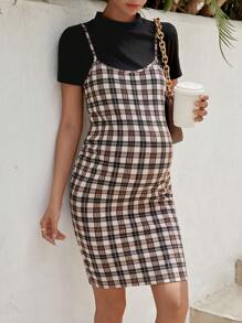 SHEIN Maternity Solid Tee & Plaid Cami Dress - Multicolor - View 1