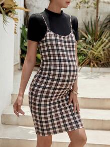 SHEIN Maternity Solid Tee & Plaid Cami Dress - Multicolor - View 5