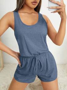 SHEIN PETITE Solid Drawstring Waist Tank Romper - Dusty Blue - View 1
