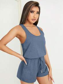 SHEIN PETITE Solid Drawstring Waist Tank Romper - Dusty Blue - View 4