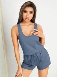 SHEIN PETITE Solid Drawstring Waist Tank Romper - Dusty Blue - View 5