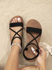 Strappy Ankle Wrap Sandals - Black - View 1
