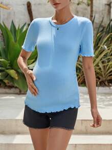 SHEIN Maternity Solid Lettuce Trim Tee - Baby Blue - View 3