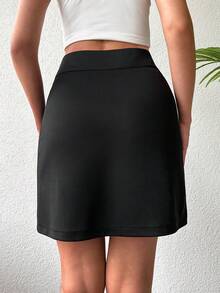 EURMUSE Chain Detail Split Hem Skirt - Black - View 5