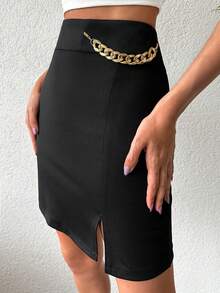 EURMUSE Chain Detail Split Hem Skirt - Black - View 3