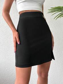 EURMUSE Chain Detail Split Hem Skirt - Black - View 6