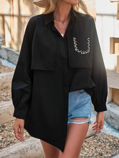 Cloudara Rhinestone Detail Button Front Shirt