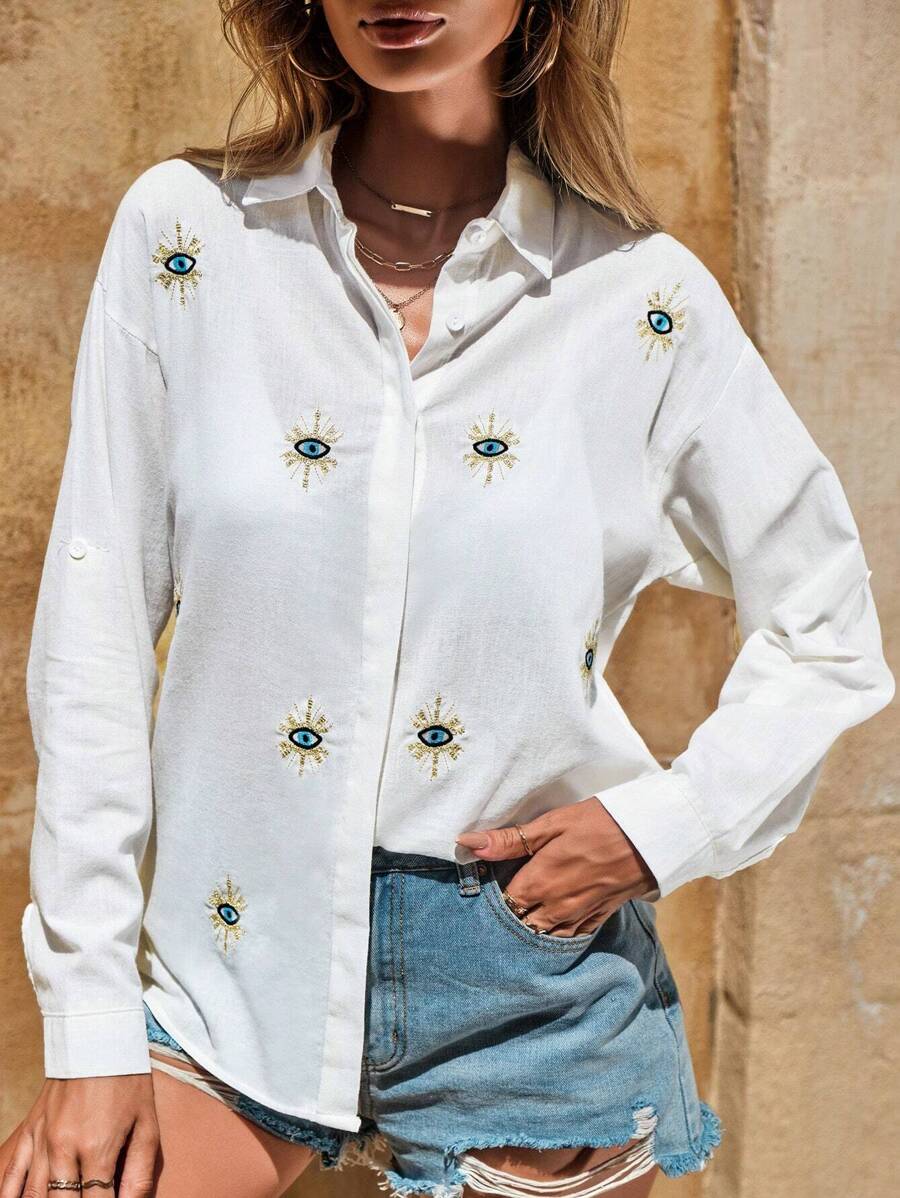 RueChic Embroidery Detail Drop Shoulder Shirt - White - View 1