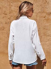 RueChic Embroidery Detail Drop Shoulder Shirt - White - View 2